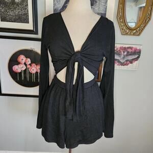 Cute Black long sleeve Front Tie Romper, out from under size medium